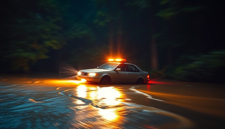 Blurred flood rescue at night with car off road, emergency lights.