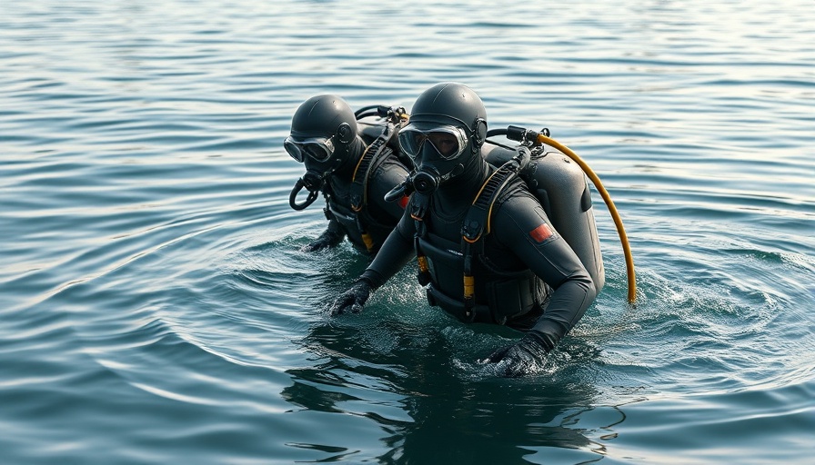 Divers in advanced diving technology suits emerging from lake