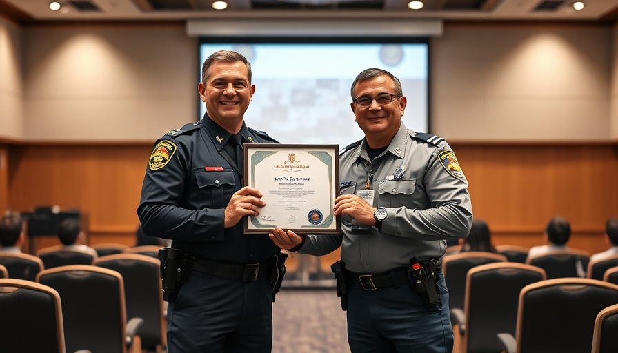 Two officers in a conference room standing with an award certificate.