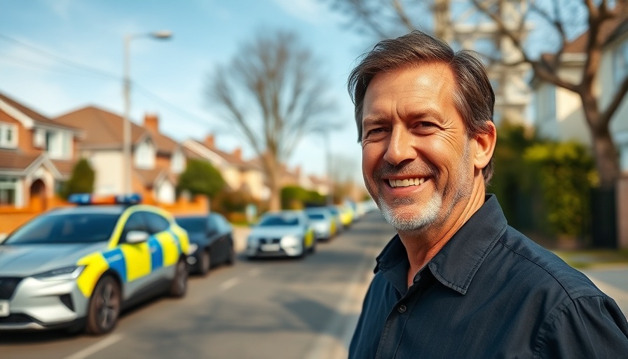 Man smiling on suburban street near police car; icy waters rescue theme.