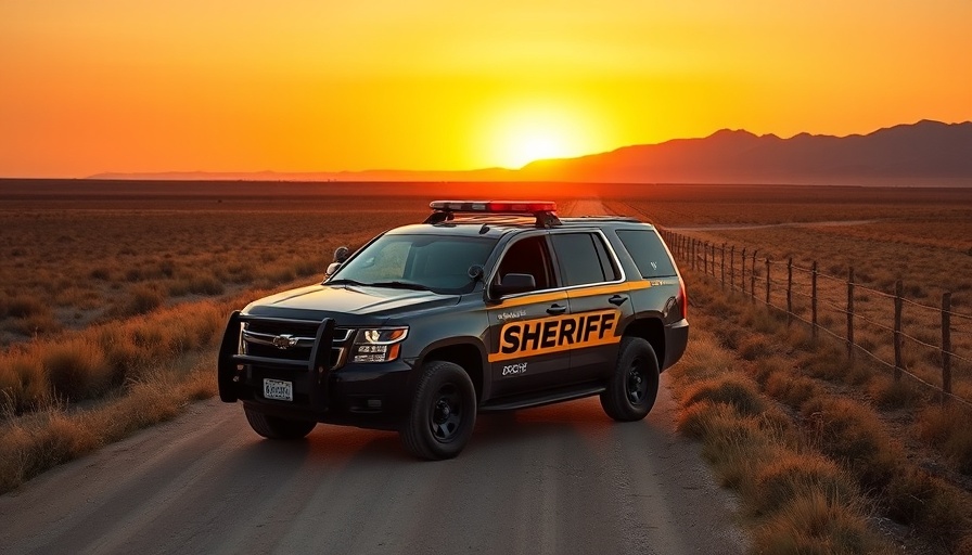 Sheriff vehicle monitoring rural area at sunset, possibly after burglary incident.