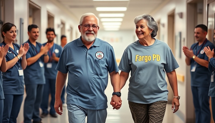 Couple in Fargo PD shirts exits hospital amid applause, showcasing resilience.