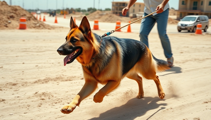 German Shepherd leashed on a sandy construction site during the day.