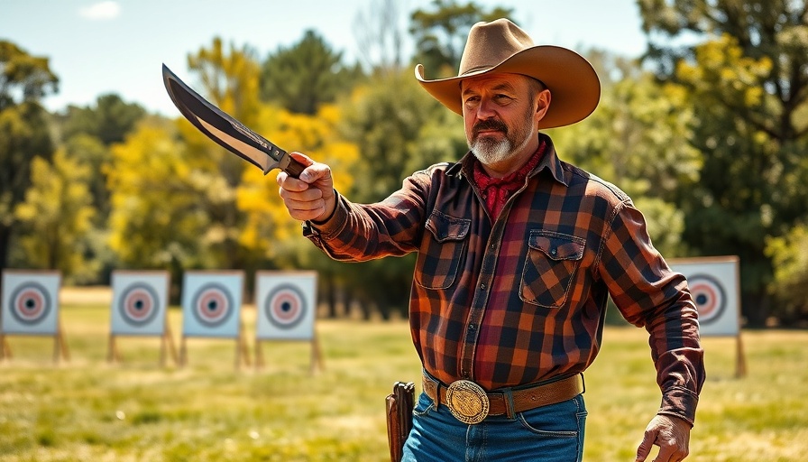 Middle-aged man practicing knife throwing on a field with target boards.