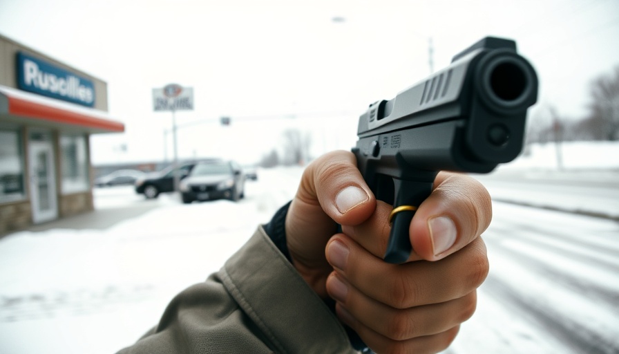 Officer holding a handgun in snowy street during the day.