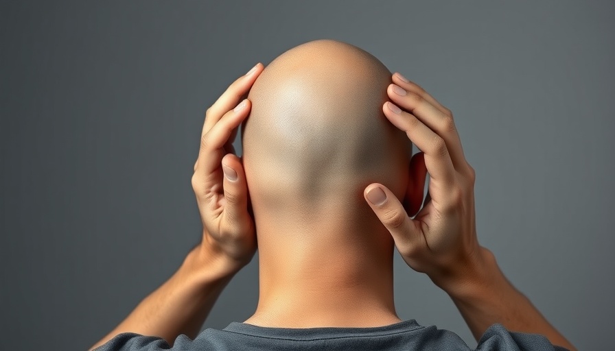 Patient assessing hair loss; bald man checking scalp with hands.