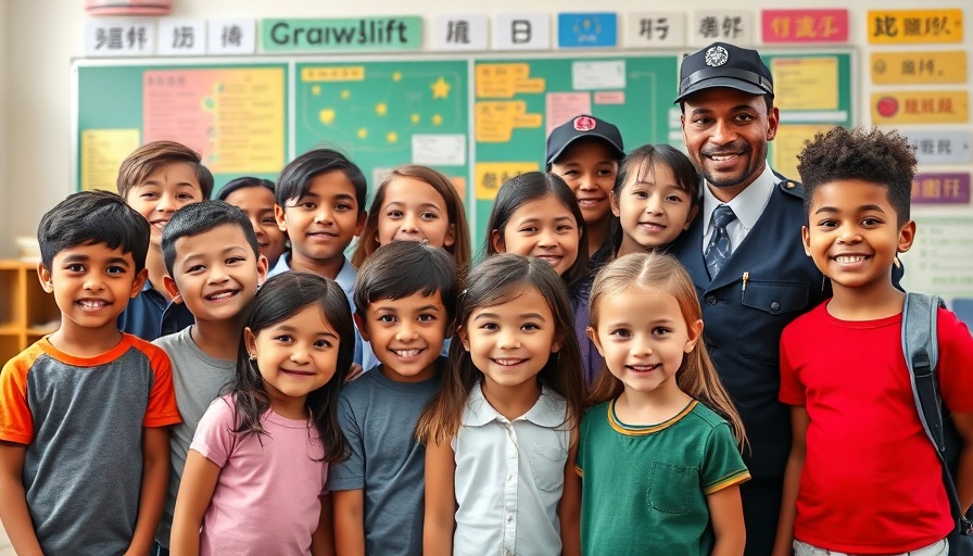 Iowa police officer with children breaking language barriers at school.