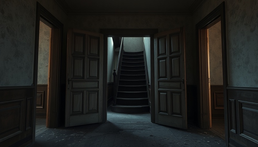 Abandoned mission station interior with staircase and open doors, dim lighting.