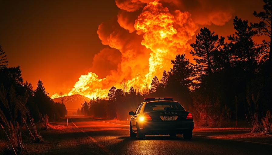 California wildfires and first responders, sheriff car at night, blazing flames.