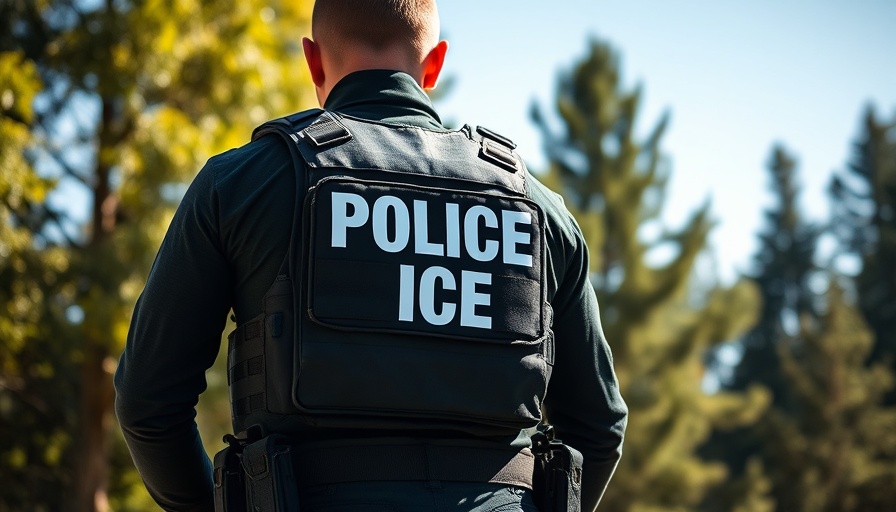 Person in ICE tactical gear standing in a sunny outdoor setting.