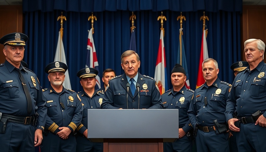 Law enforcement officers at a press conference on public safety tech.