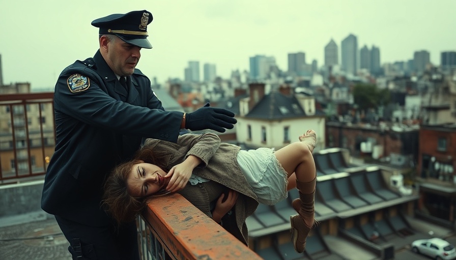 Police officer reaching to save a distressed woman on rooftop