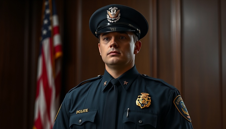 Police officer safety tribute with officer portrait and flag backdrop.