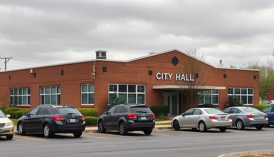 Suburban city hall with parked cars, highlighting police misconduct theme.