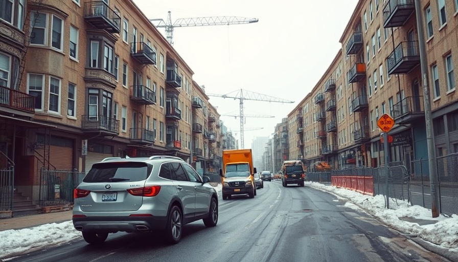 Urban street with SUV, construction vehicles, overcast daylight scene.