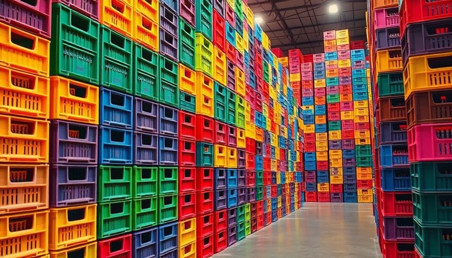 Stacks of beverage crates in a warehouse, colorful arrangement, Alaska alcohol seizures.