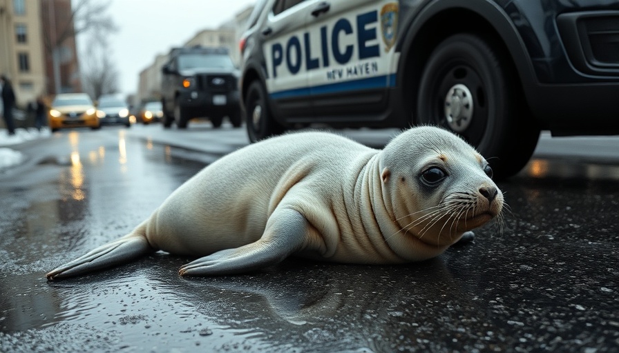 Underweight baby seal lying on road next to police vehicle, rescue operation.