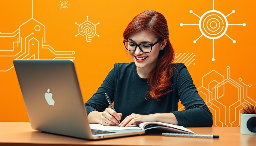 Confident woman at desk with AI graphics for MedSpas.