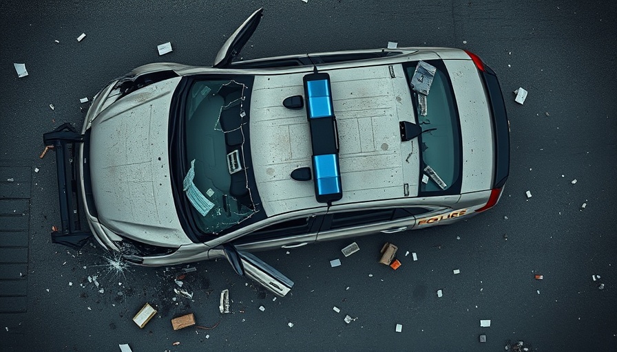 Aerial view of a wrecked police car on the road.