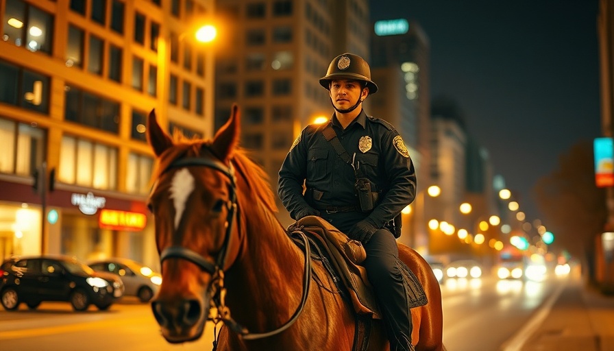 Minneapolis Mounted Patrol officer on horseback in city at night.