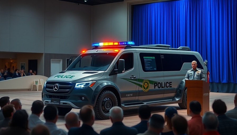 Las Vegas police officer presenting futuristic Cybertruck at conference.