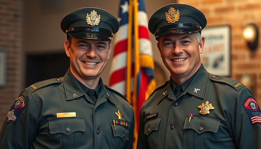 Two officers smiling in front of a flag, promoting officer wellness.