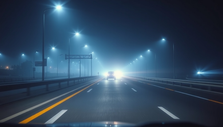 Car approaching on misty highway at night, headlights on.