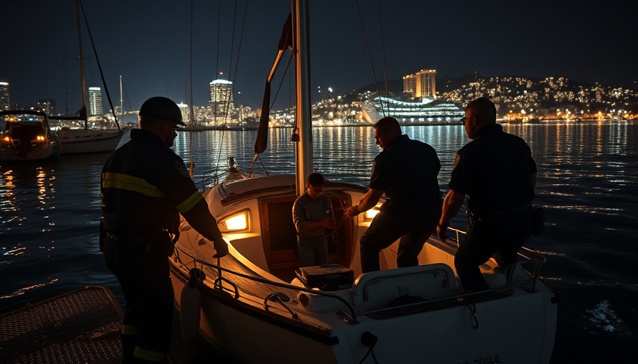 Police rescue man from sailboat at night in dramatic scene.