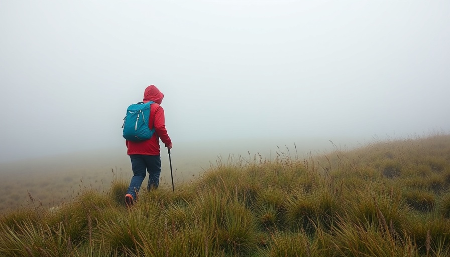 Hikers in foggy grassland during hypothermic hiker rescue