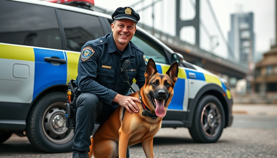 Glynn County Police officer with K-9 unit, urban backdrop.