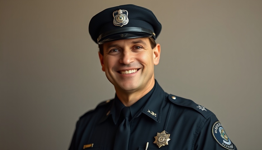 Police officer smiling in professional uniform, enhancing public safety