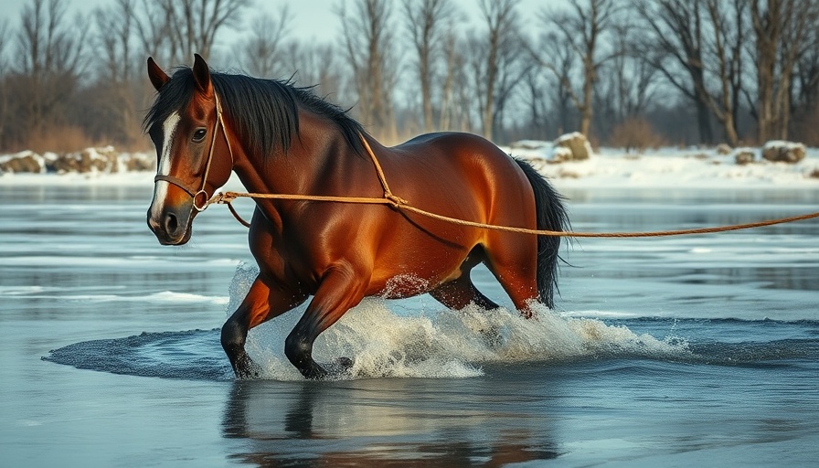 Horse rescue from frozen pond, lifelike winter scene.