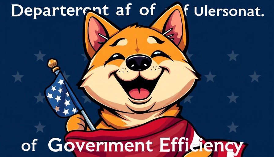 Cartoon Shiba Inu in government logo, holding US flag.