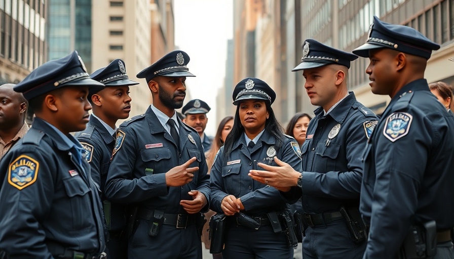 Conceptual image of police reform with officers in community dialogue.