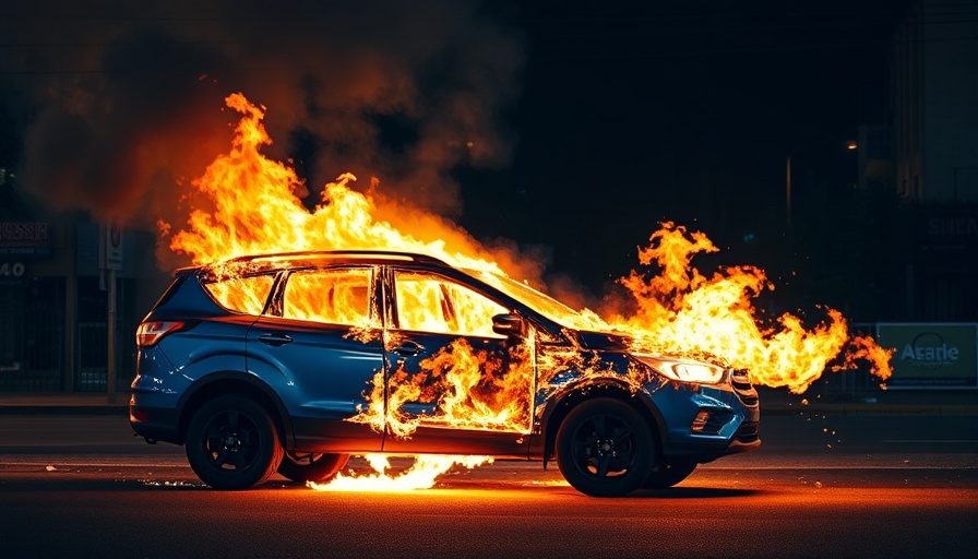 Burning SUV in night emergency, intense flames, law enforcement news.