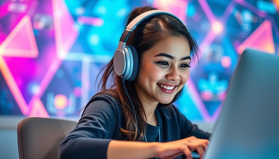 Smiling woman working at desk, colorful futuristic background.