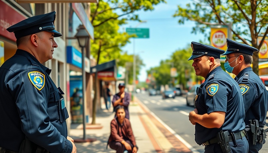 Police officers engage with person at bus stop, urban setting.