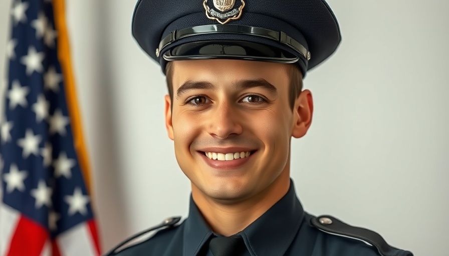 Portrait of a smiling police officer with flag backdrop, emphasizing police officer safety.