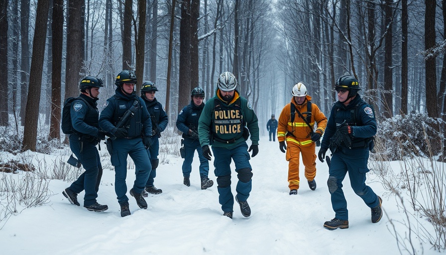 Police news: officers and firefighter in snowy forest rescue.