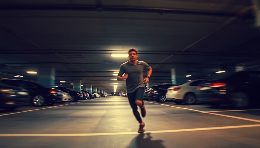 Blurry action scene in parking garage from bodycam perspective.