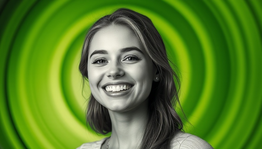 Young woman smiling with abstract green spiral background.
