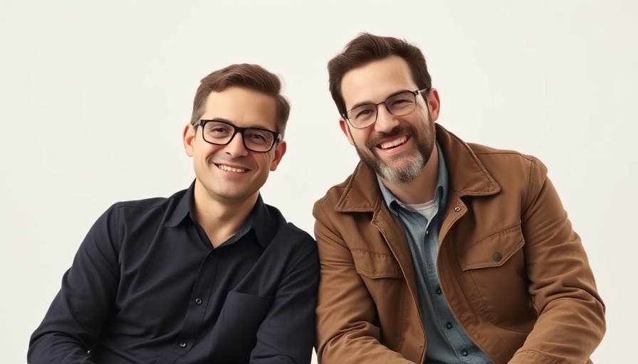 Smiling men promoting AI healthcare app reducing burnout, bright setting.