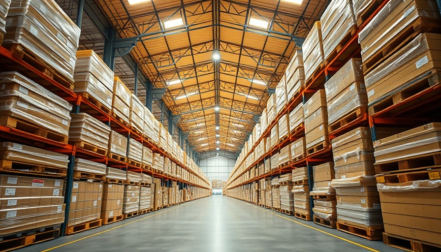 Warehouse aisle filled with stacked product pallets, warm lighting.