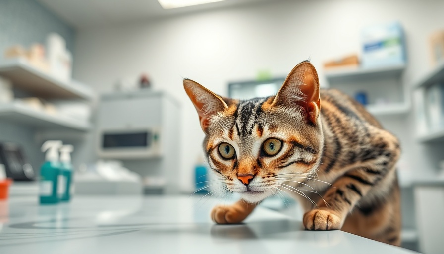 Curious tabby cat at vet clinic table for diagnostic strategies in feline dermatology.
