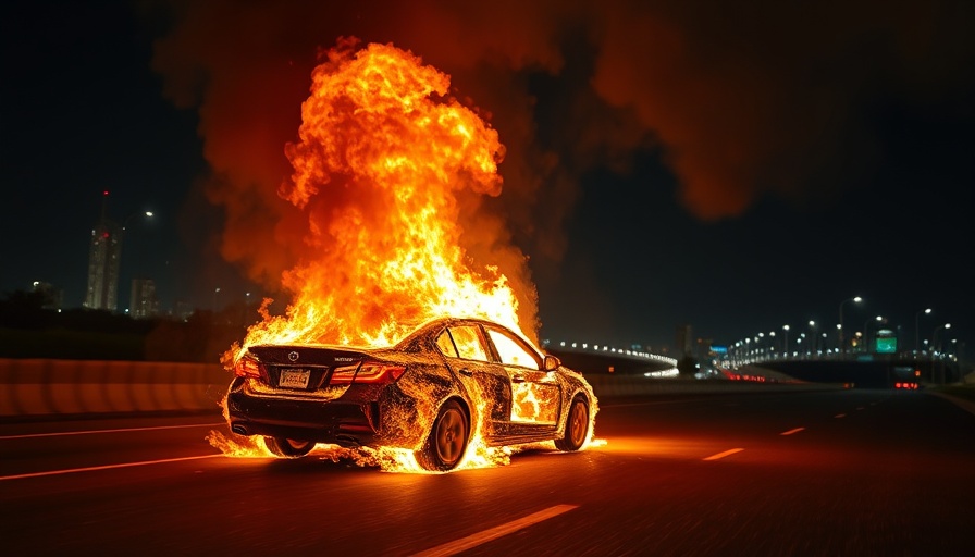 Dramatic car fire on highway at night, police news feature.