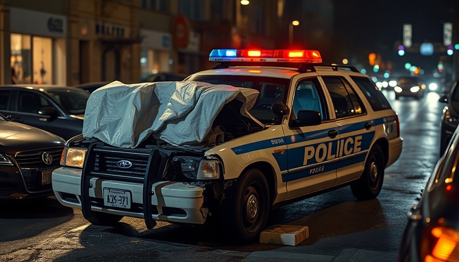 Damaged police vehicle after collision at night highlighting police officer safety.