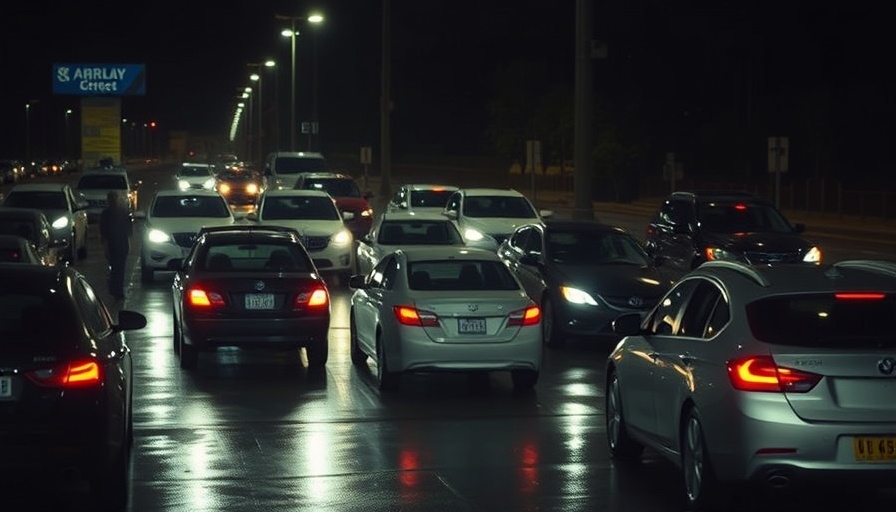 Chaotic parking lot in low-light footage showcasing urgency.