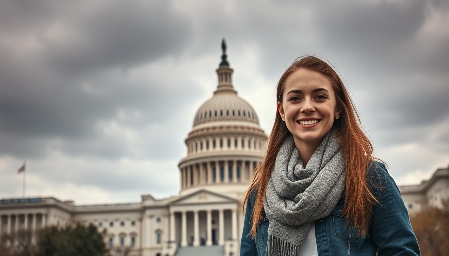 Smiling woman in front of a cityscape backdrop.