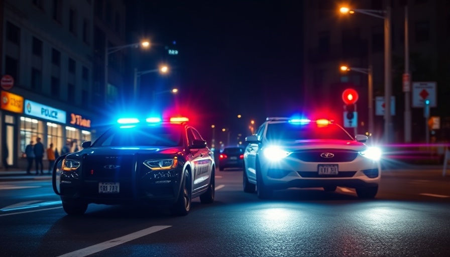 Police cruiser at night scene emphasizing officer safety with lights.