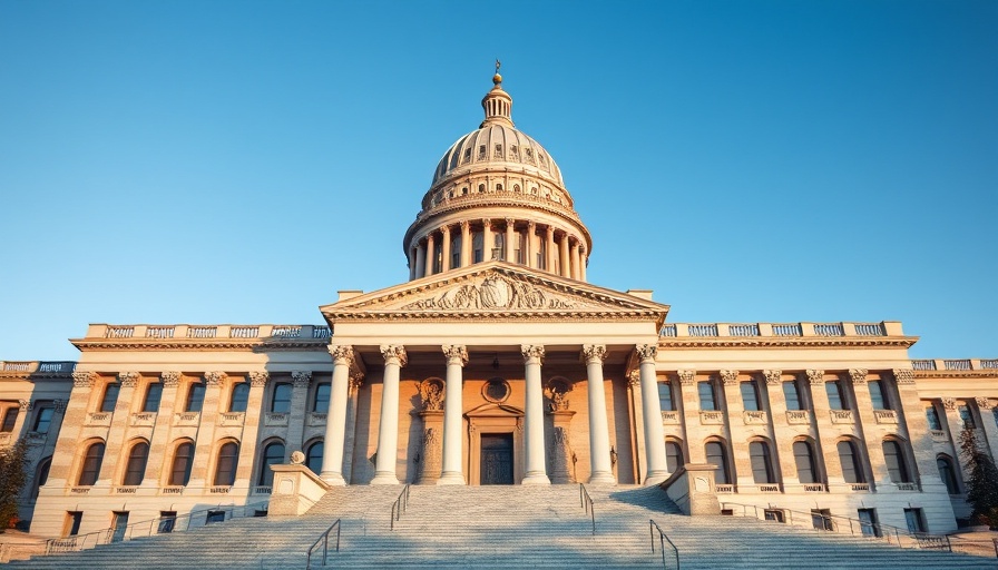 Neoclassical government building with majestic dome under blue sky.